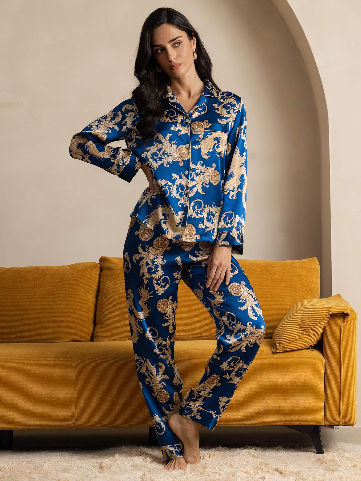 Pure Silk Dragon Print Long Sleeve Notch Collar Women's Pajamas Set With Pants - Image 13