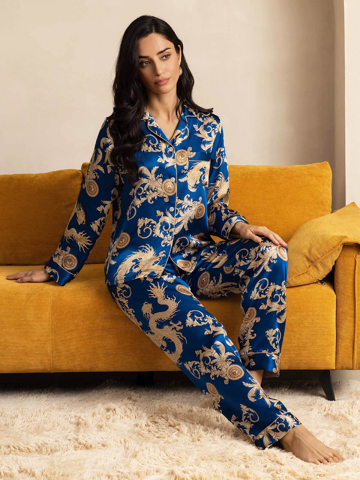 Pure Silk Dragon Print Long Sleeve Notch Collar Women's Pajamas Set With Pants - Image 15