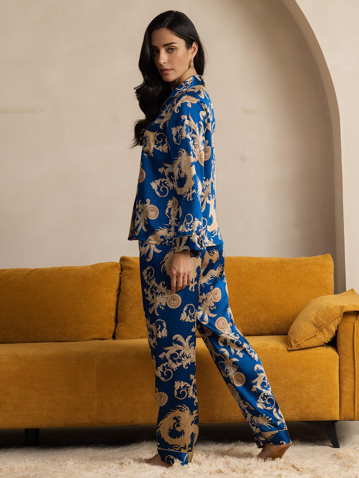 Pure Silk Dragon Print Long Sleeve Notch Collar Women's Pajamas Set With Pants - Image 2
