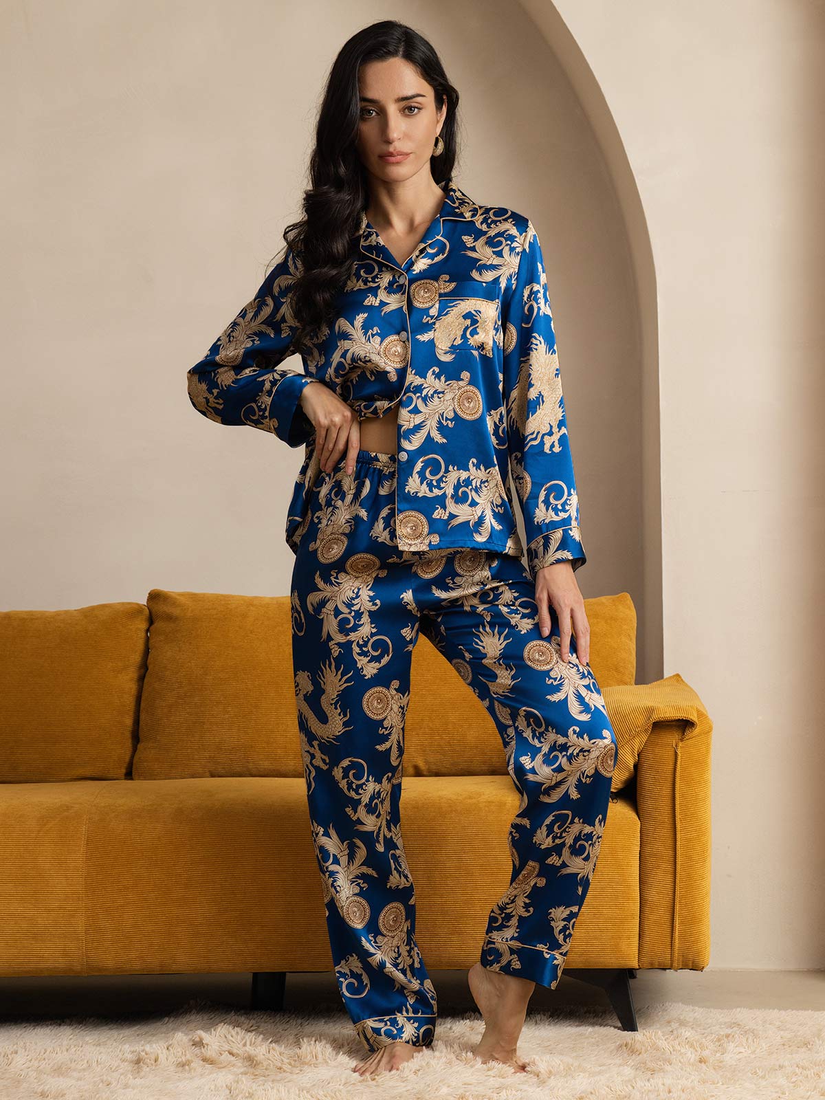 Pure Silk Dragon Print Long Sleeve Notch Collar Women's Pajamas Set With Pants - Image 4