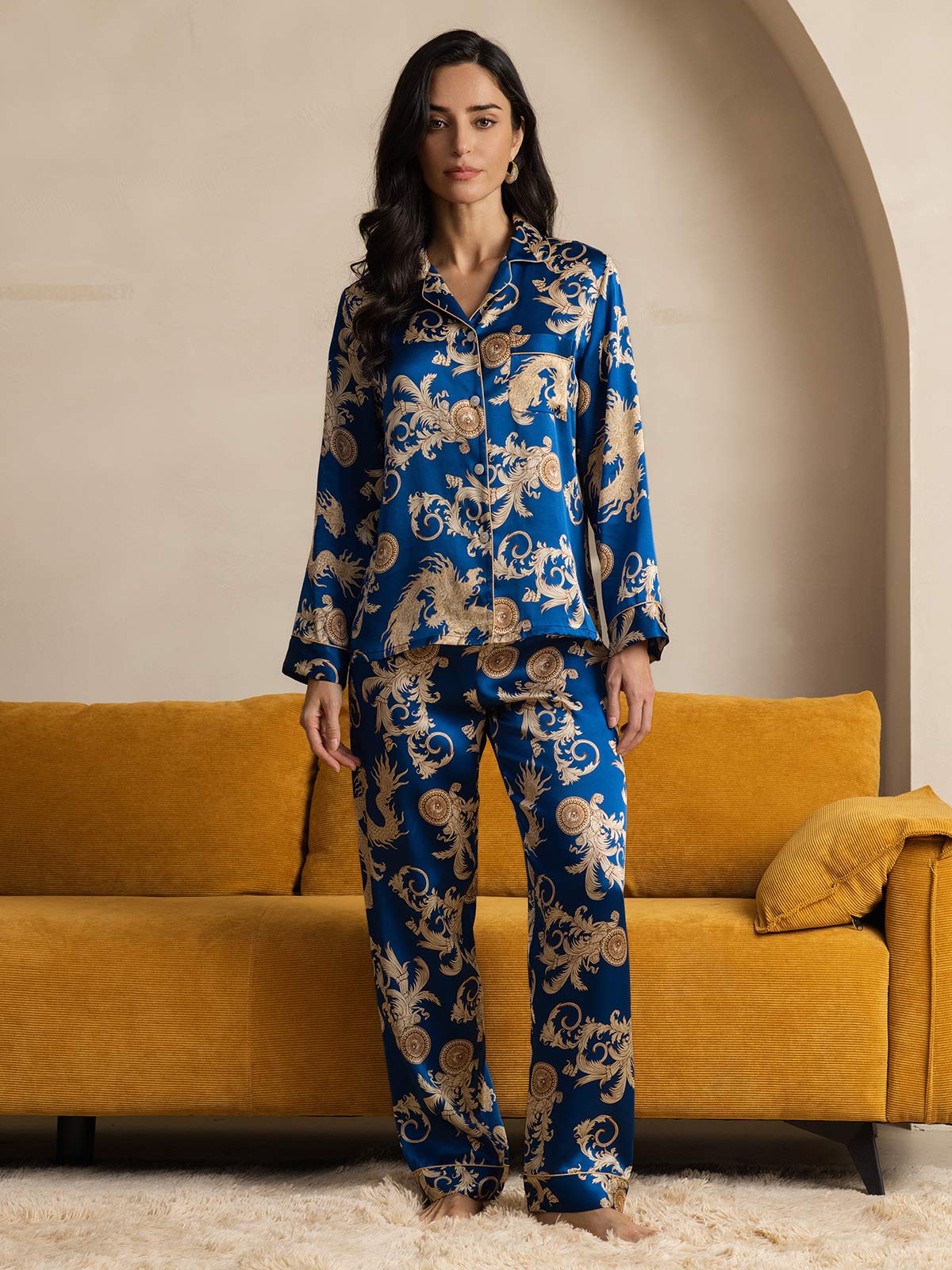 Pure Silk Dragon Print Long Sleeve Notch Collar Women's Pajamas Set With Pants - Image 7