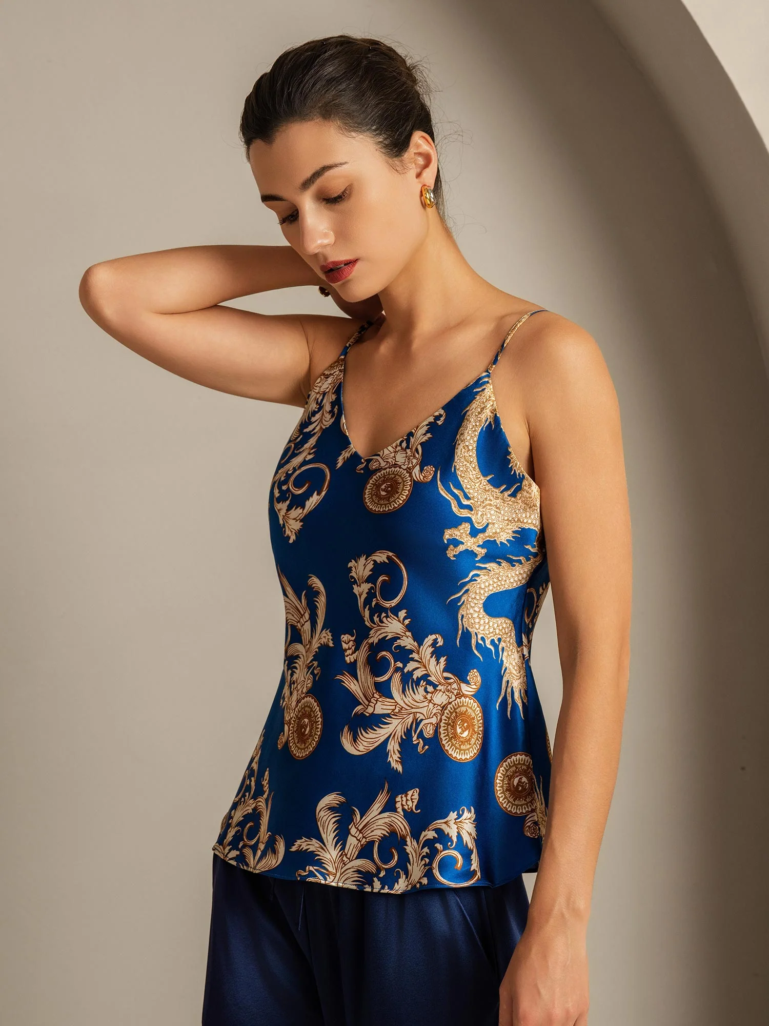 Pure Silk Dragon Print Spaghetti Strap V Neck Camisoles - Image 6