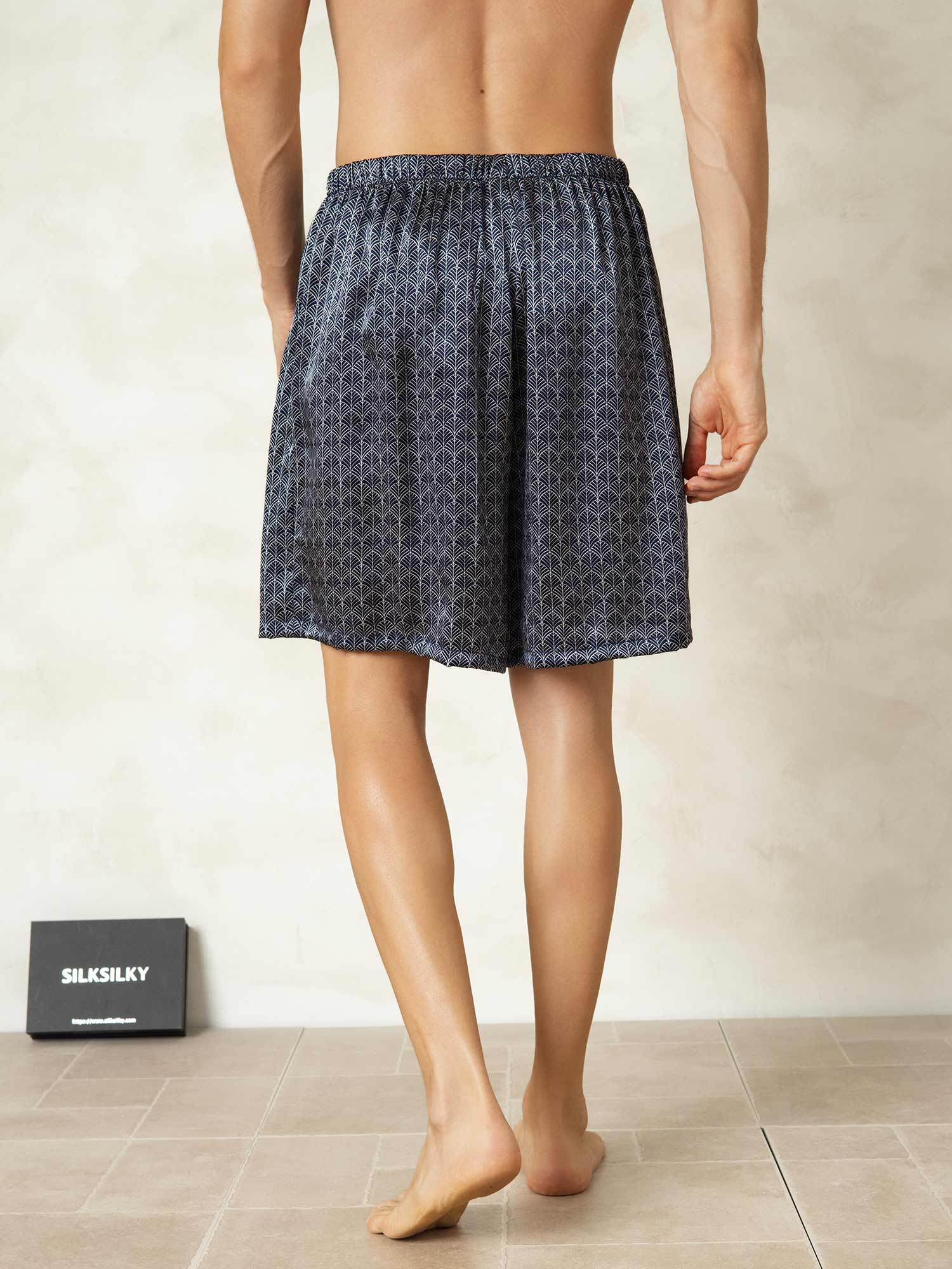 Pure Silk Elastic Waist Navy Ginkgo Print Men's Sleep Shorts - Image 2