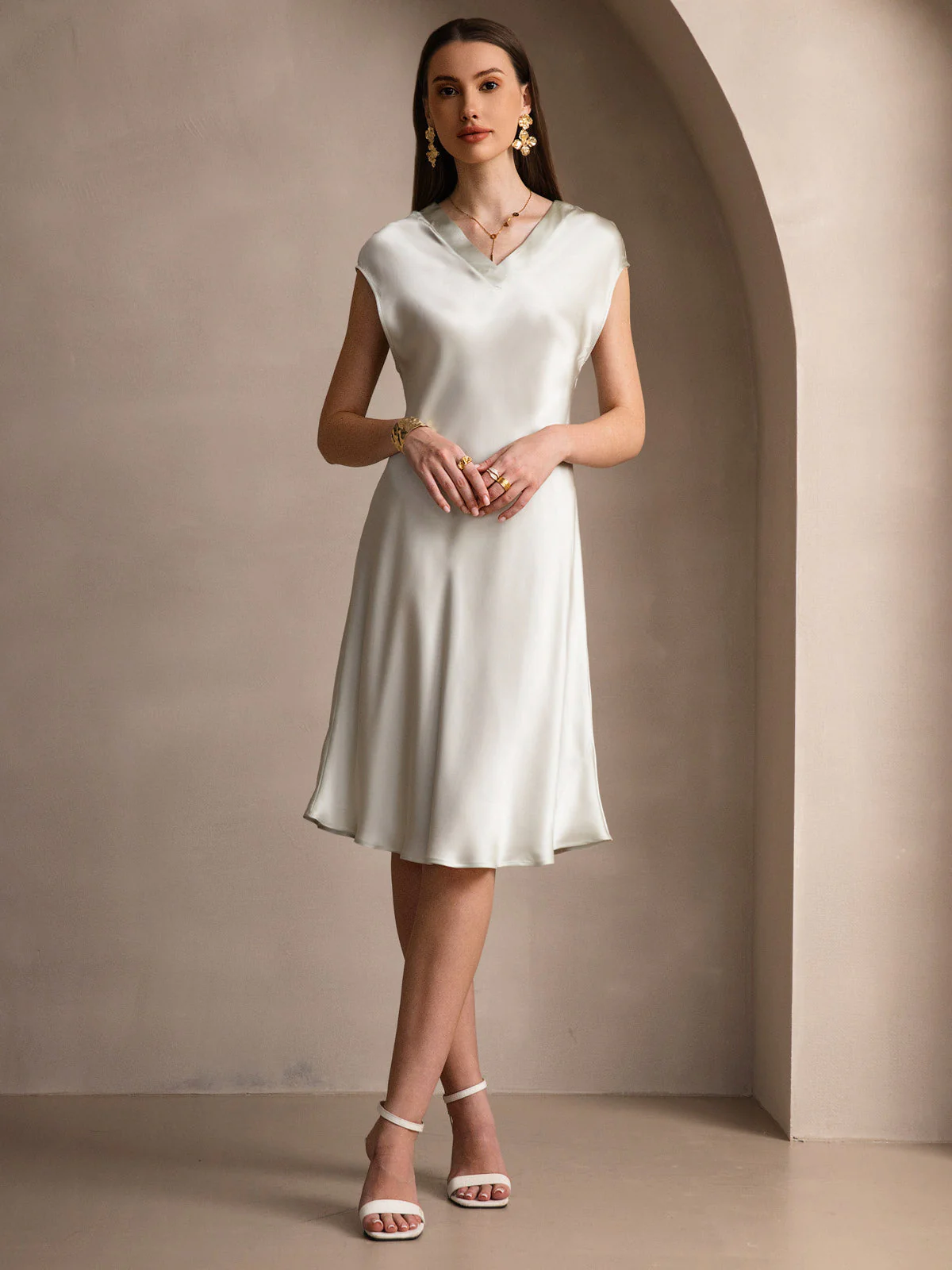 Pure Silk Cap Sleeve V-neck Nightgown - Image 47