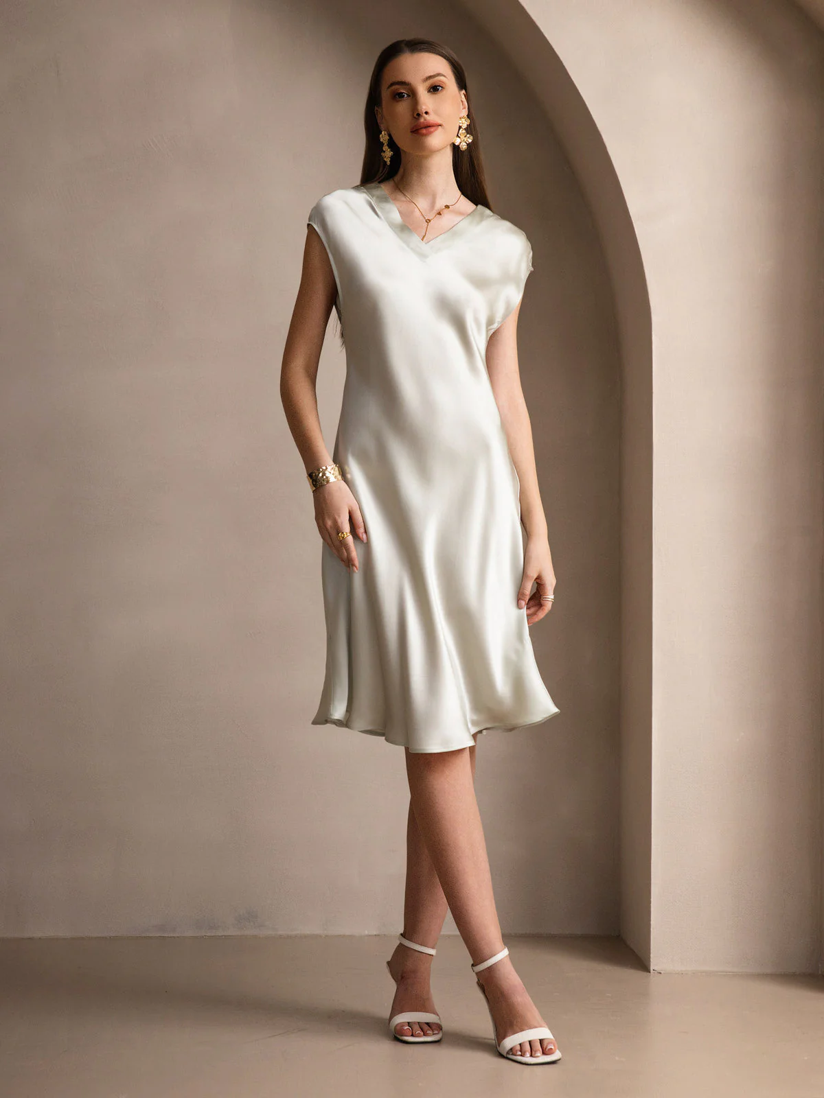 Pure Silk Cap Sleeve V-neck Nightgown - Image 48