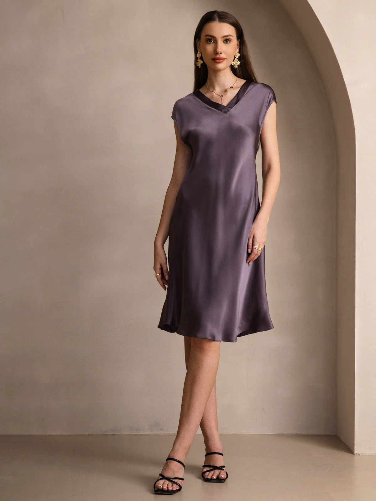 Pure Silk Cap Sleeve V Neck Knee Dress - Image 15