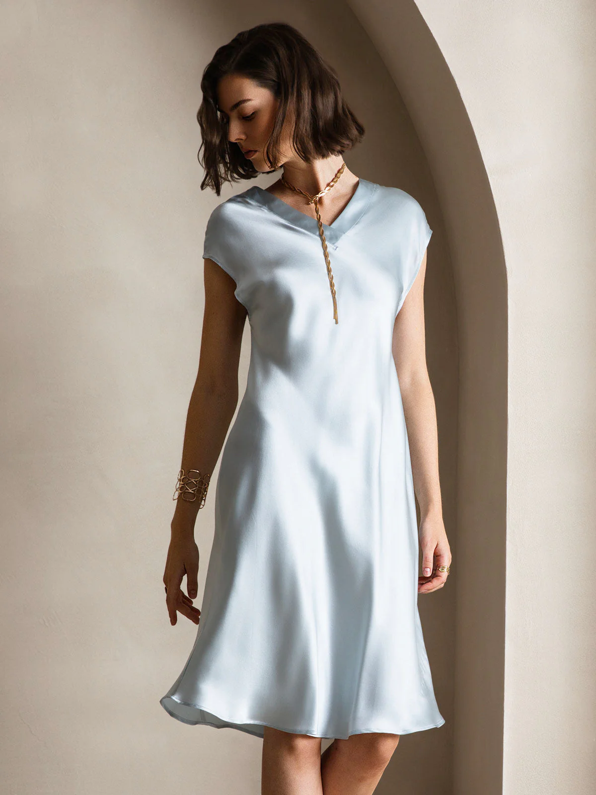 Pure Silk Cap Sleeve V Neck Knee Dress - Image 22