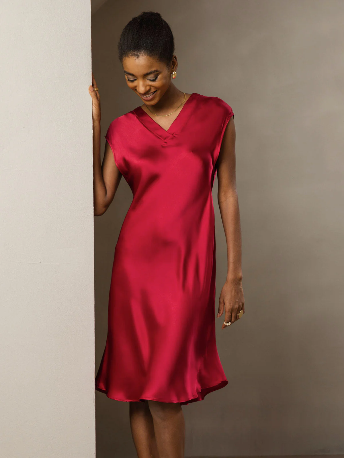 Pure Silk Cap Sleeve V Neck Knee Dress - Image 31
