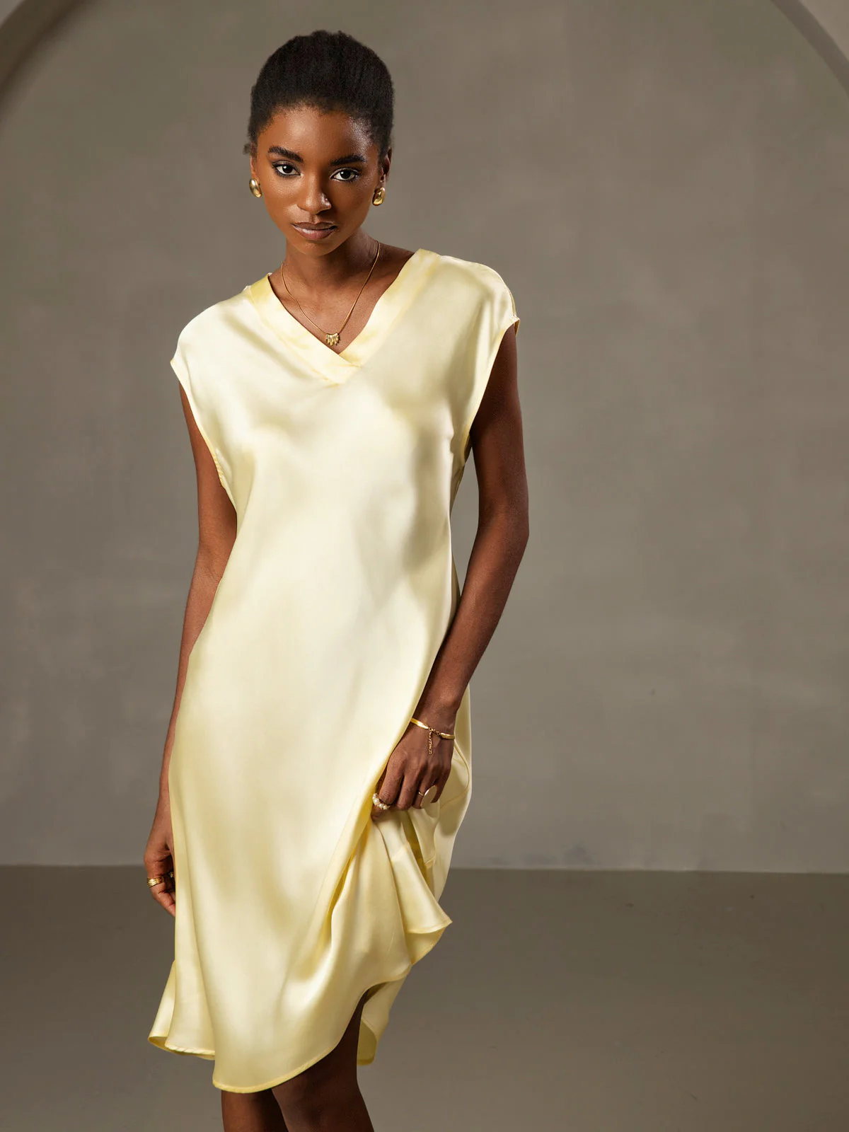 Pure Silk Cap Sleeve V Neck Knee Dress - Image 34