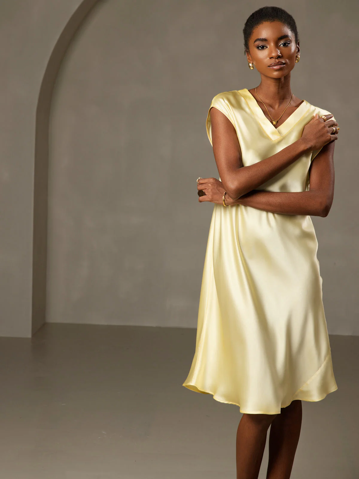 Pure Silk Cap Sleeve V Neck Knee Dress - Image 35
