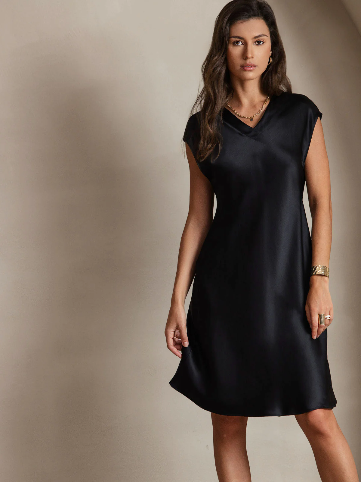 Pure Silk Cap Sleeve V Neck Knee Dress - Image 40