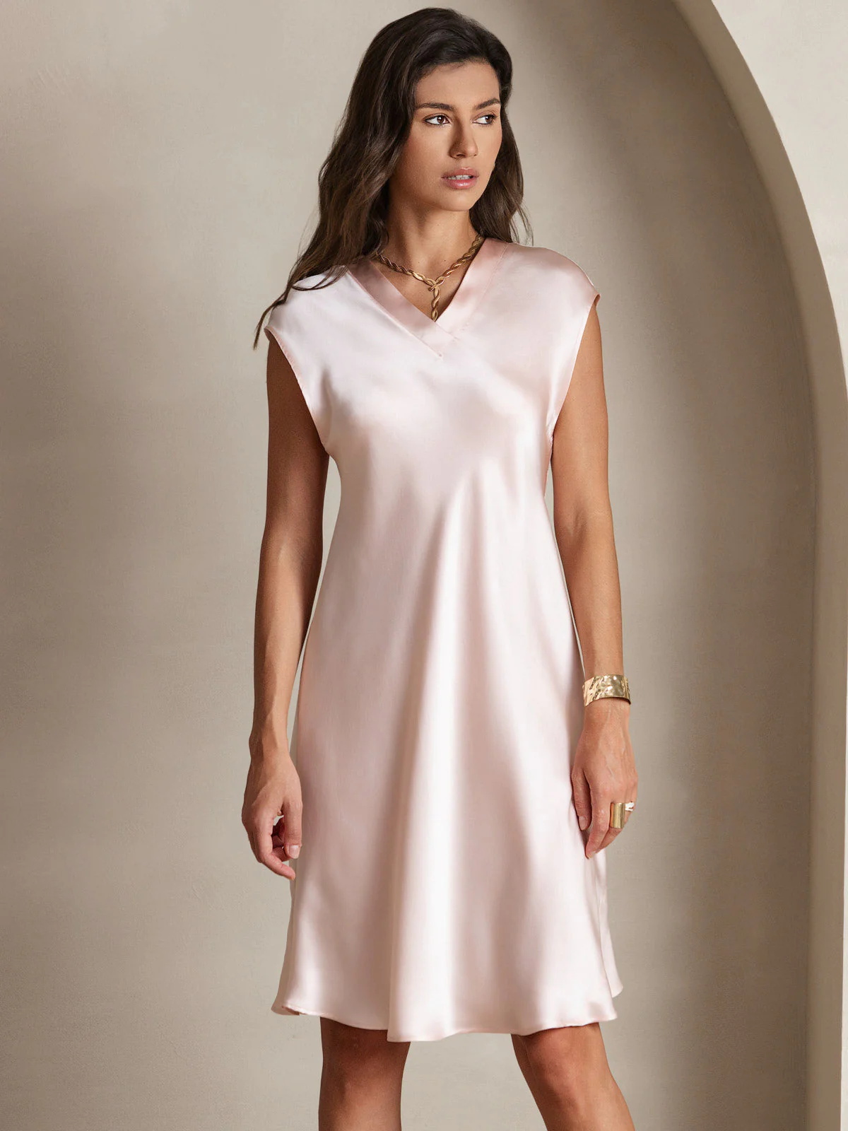 Pure Silk Cap Sleeve V Neck Knee Dress - Image 6