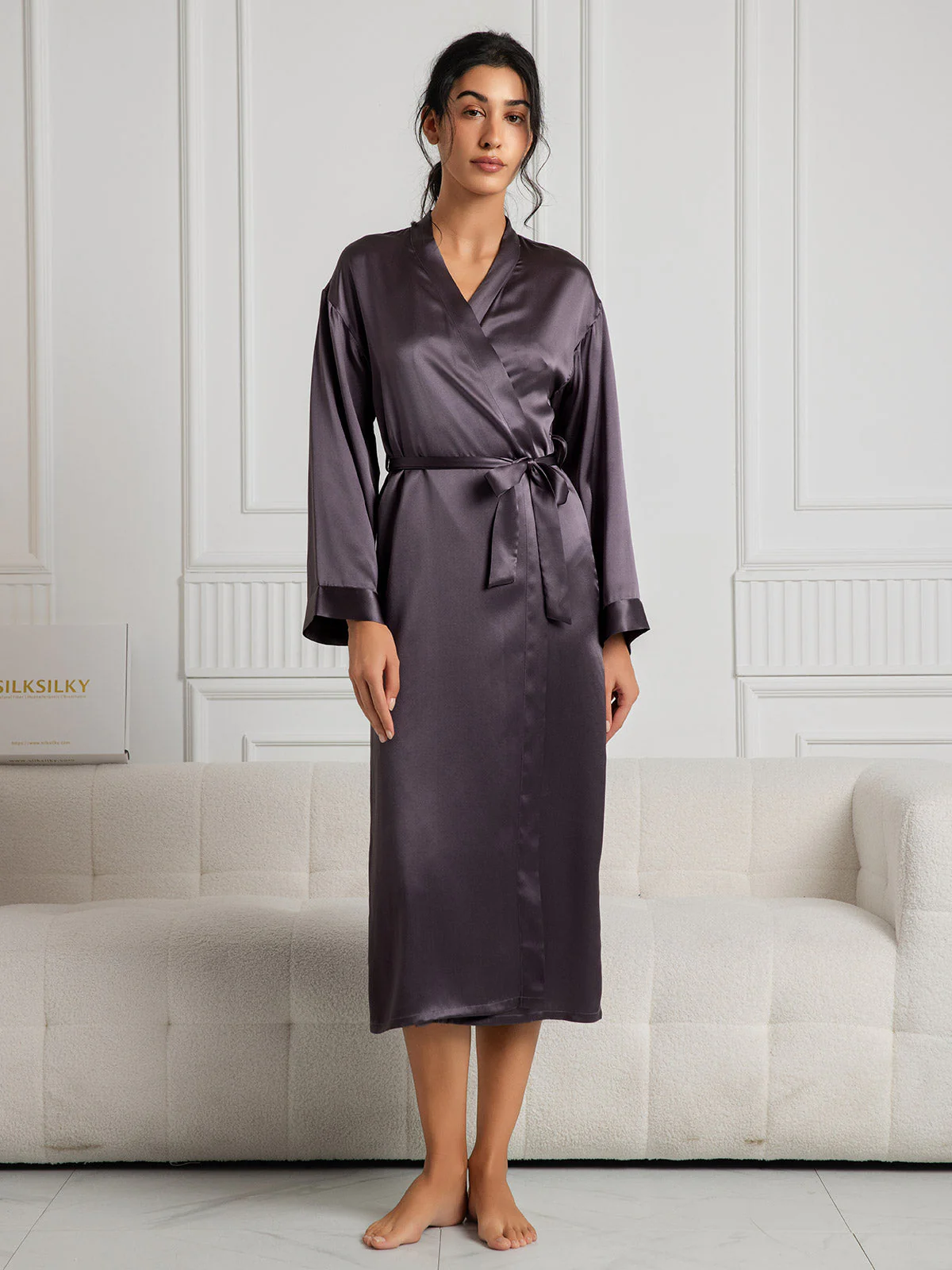 Women's Pure Silk Long Sleeve Midi Wrap Robe - Image 30