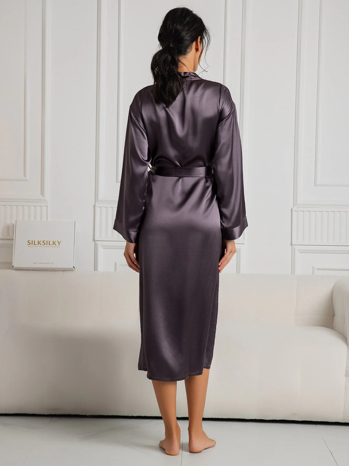 Women's Pure Silk Long Sleeve Midi Wrap Robe - Image 31