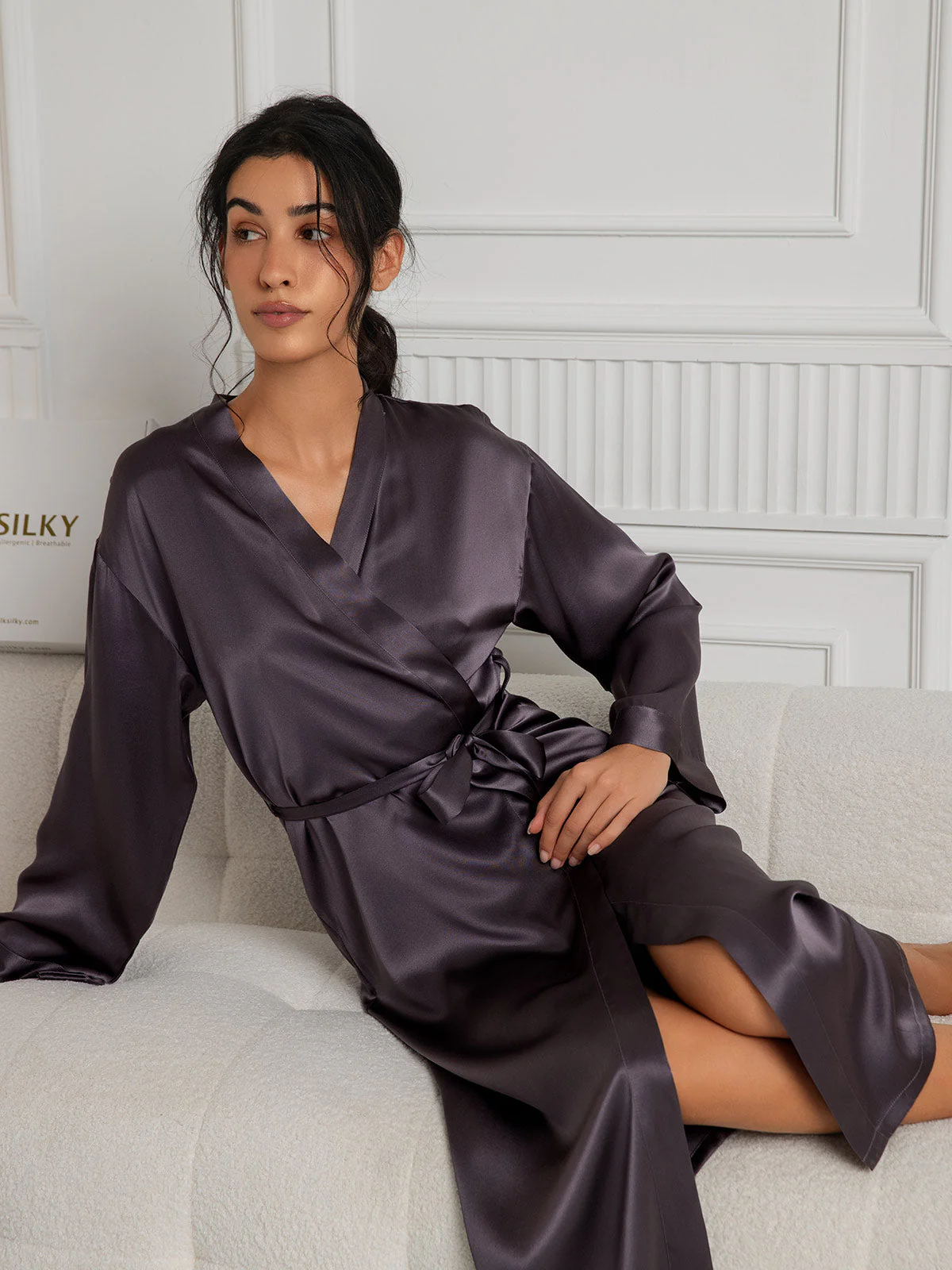 Women's Pure Silk Long Sleeve Midi Wrap Robe - Image 34