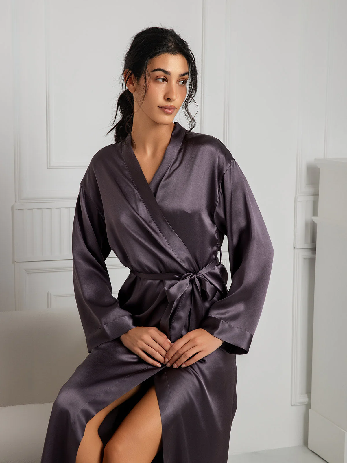 Women's Pure Silk Long Sleeve Midi Wrap Robe - Image 35