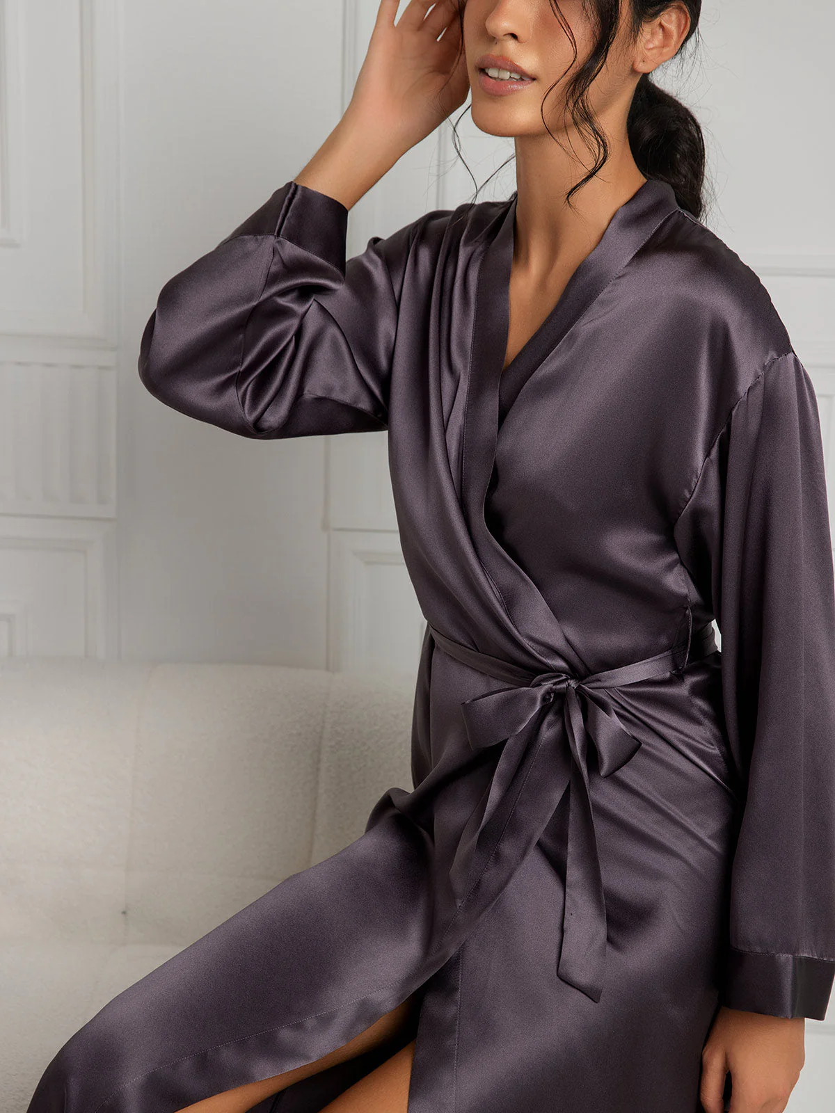 Women's Pure Silk Long Sleeve Midi Wrap Robe - Image 36