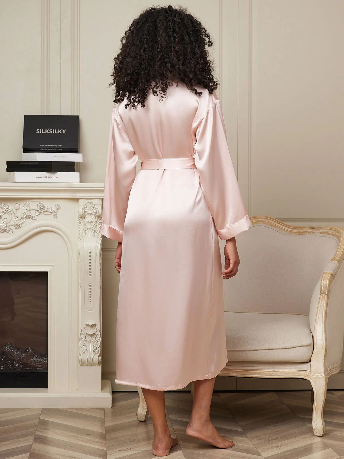 Women's Pure Silk Long Sleeve Midi Wrap Robe - Image 43