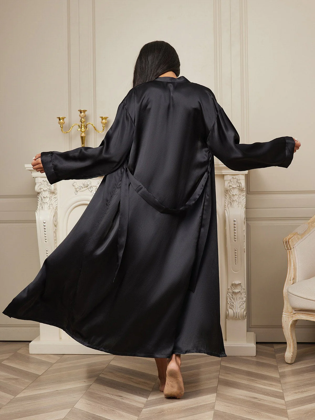 Women's Pure Silk Long Sleeve Midi Wrap Robe - Image 8