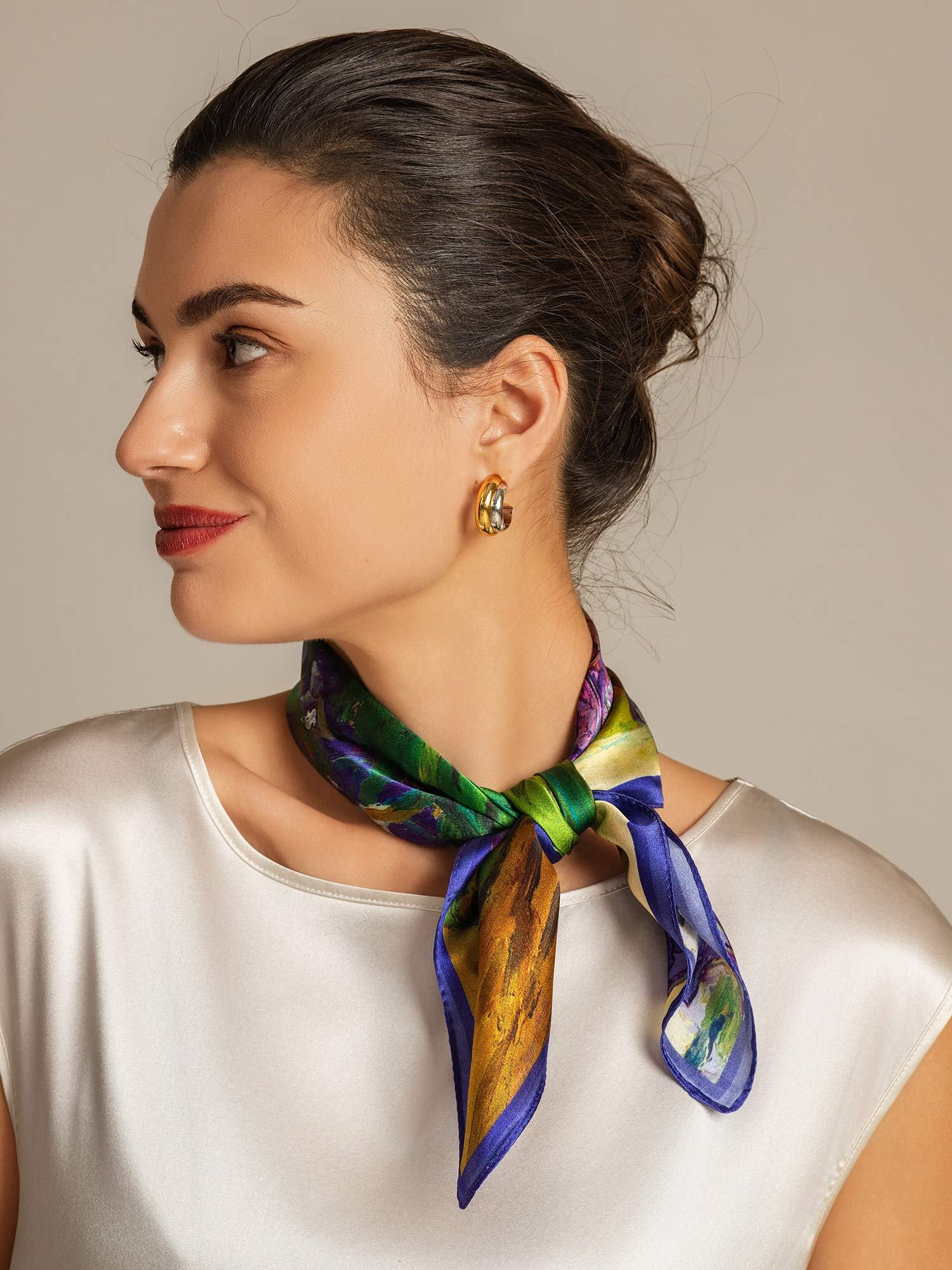 Pure Silk Floral Oil Painting Square Scarf - Size 53x53cm - Image 4