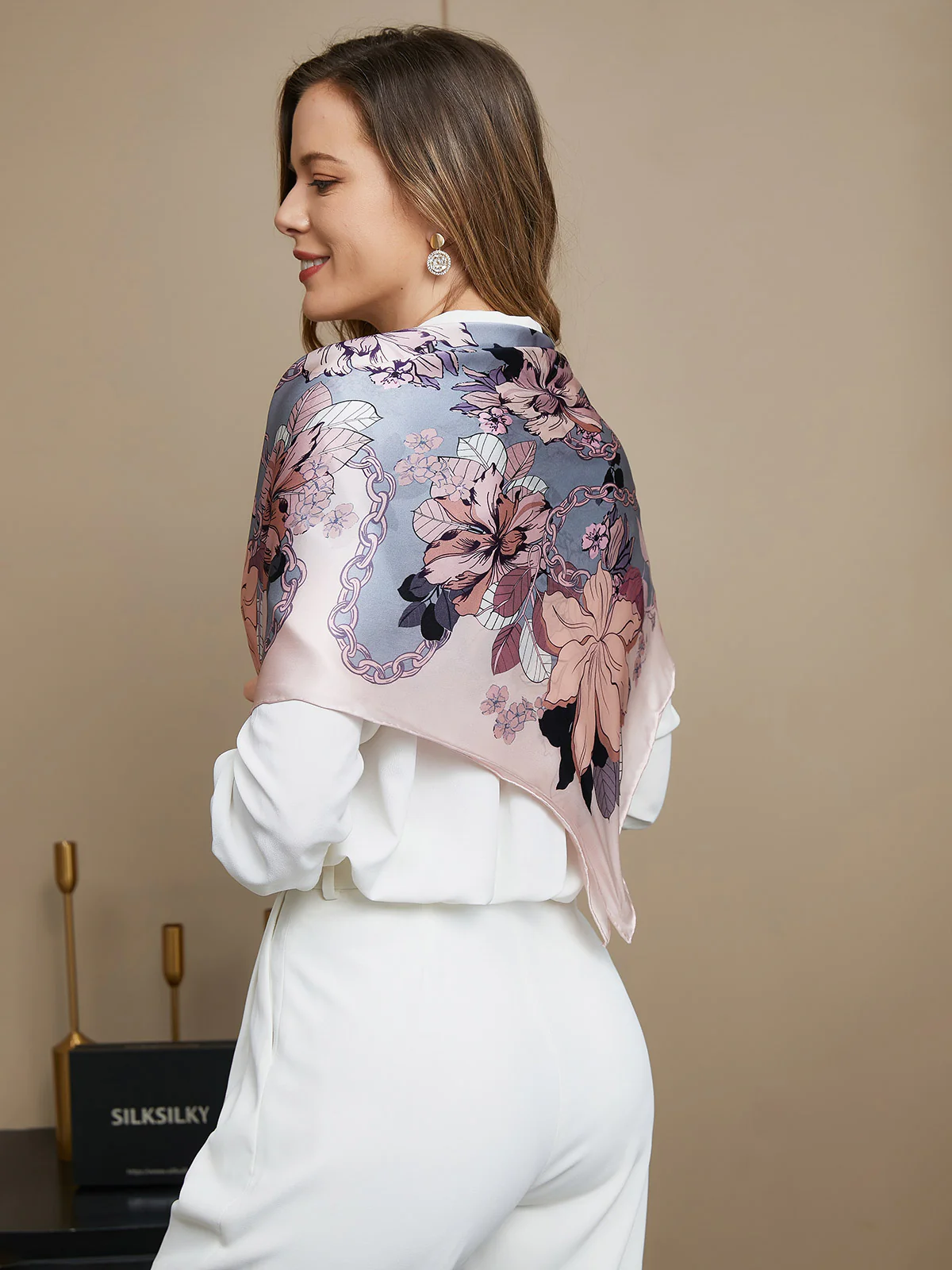 Pure Silk Floral Pattern Square Scarf / Shawl 86x86cm - Image 3