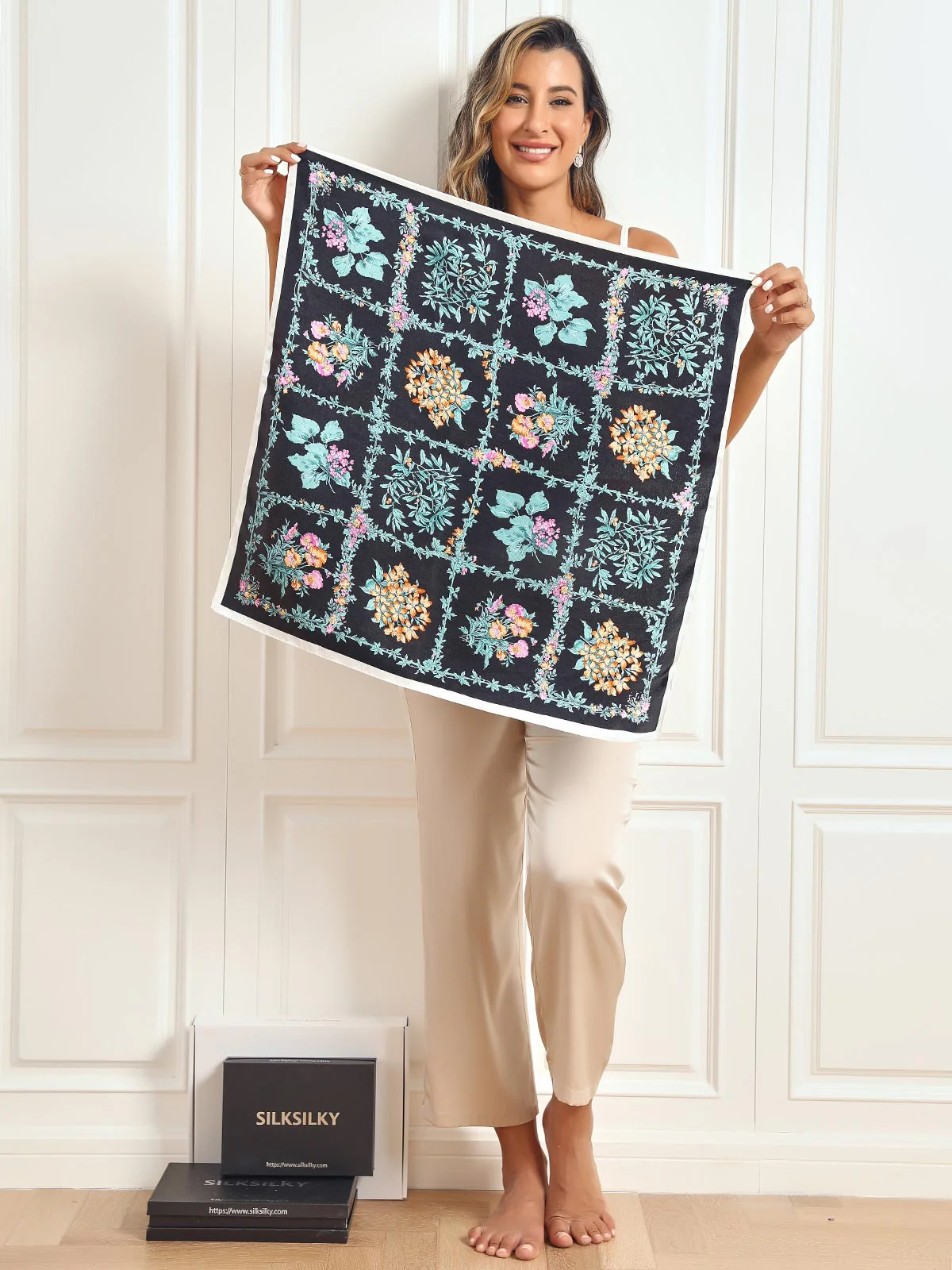 Pure Silk Floral Pattern Square Scarf 68x68cm/26.8 - Image 5