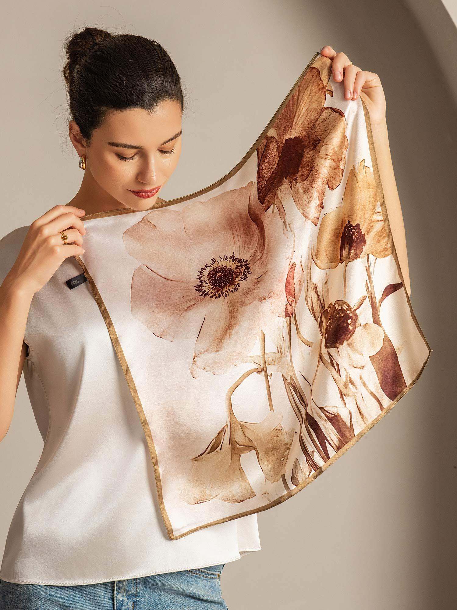 Pure Silk Floral Square Scarf with Gold Trim 53*53 cm - Image 2