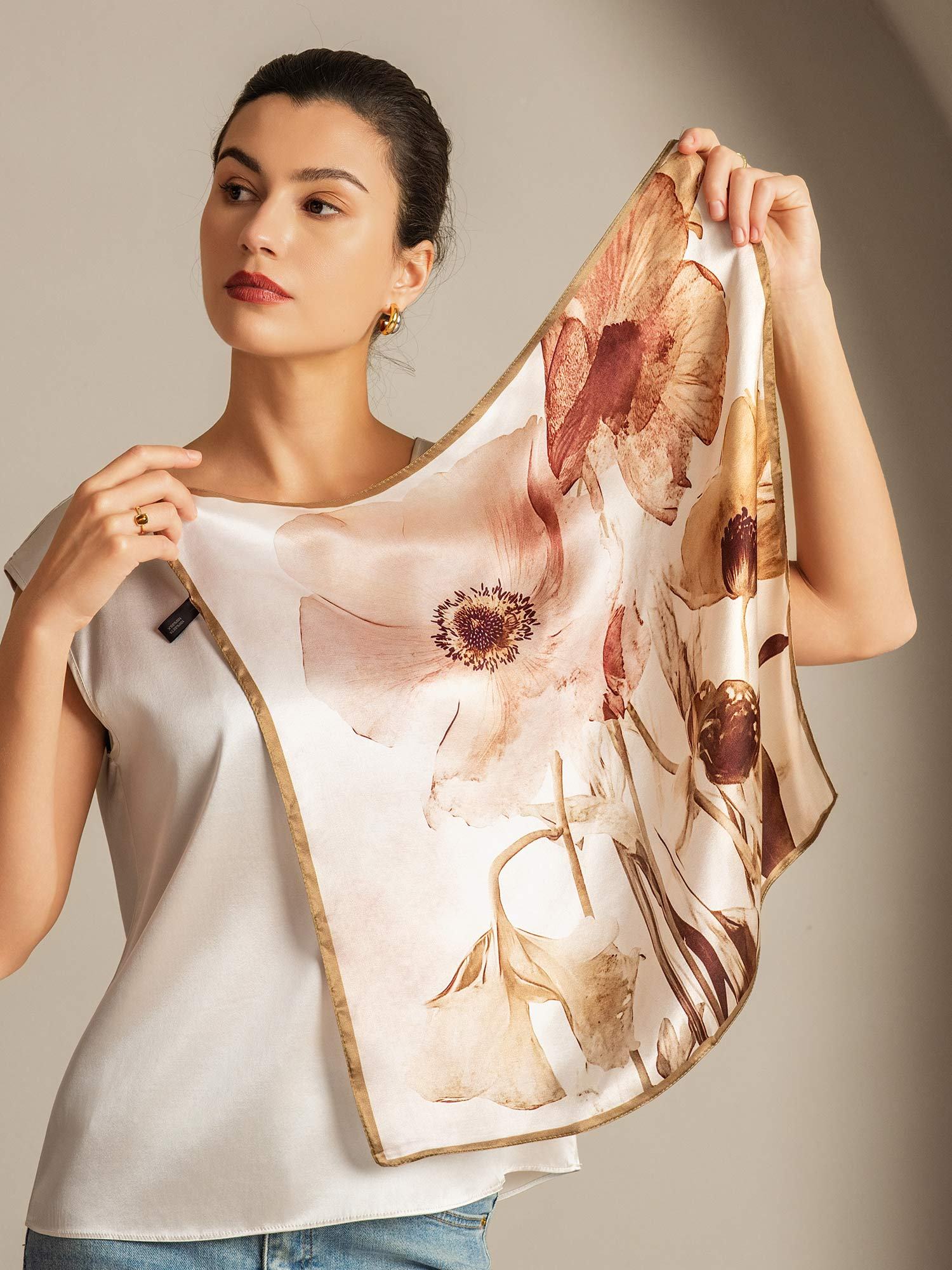 Pure Silk Floral Square Scarf with Gold Trim 53*53 cm - Image 4