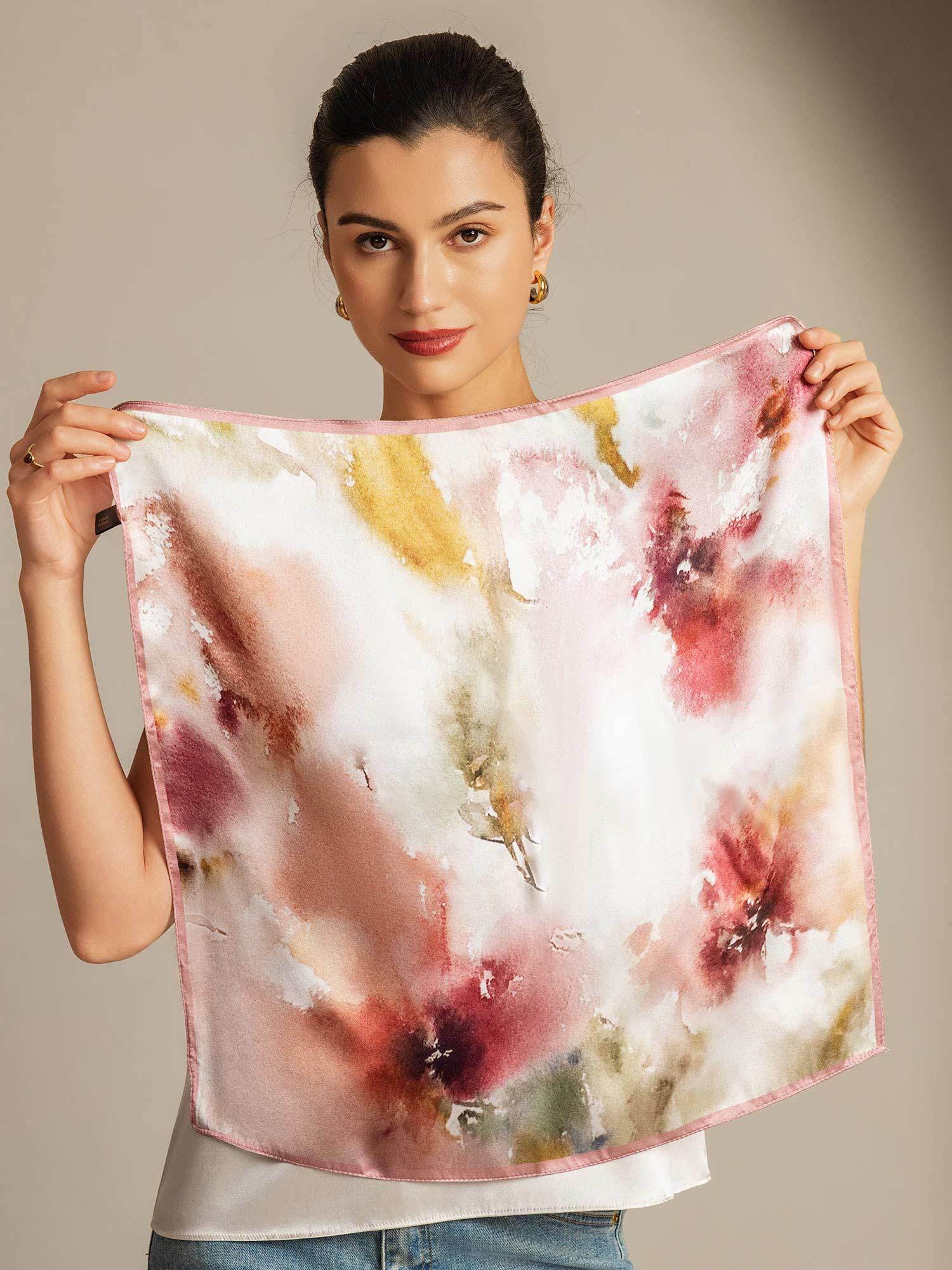 Pure Silk Floral Square Scarf with Pink Trim 53*53 cm - Image 2