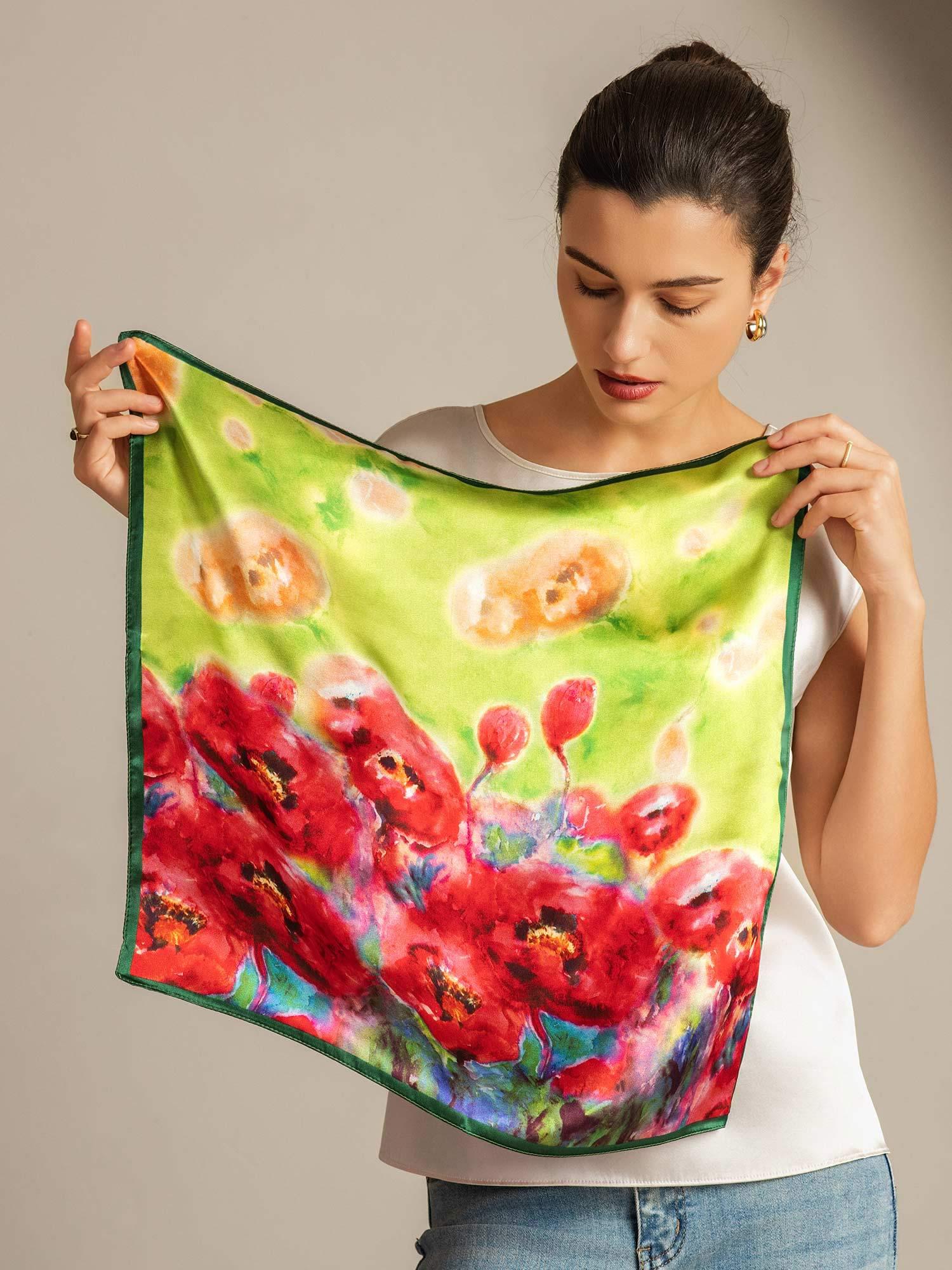 Pure Silk Flower Impression Square Scarf - Size 53x53cm - Image 2