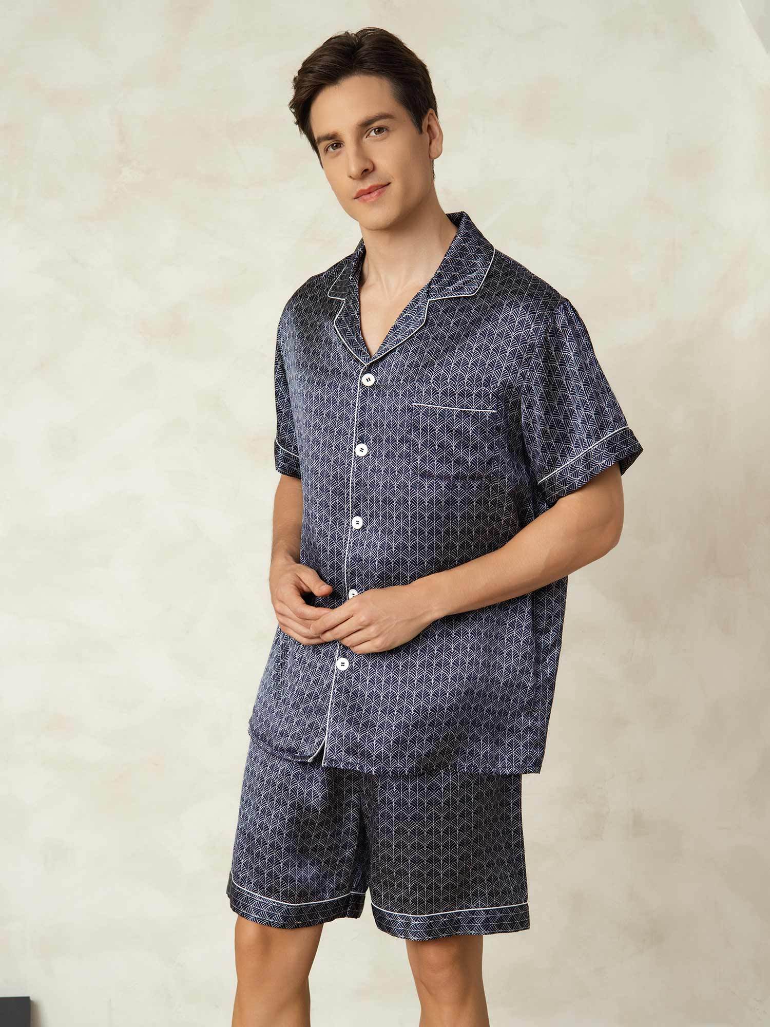 Men's Pure Silk Navy Ginkgo Print Short Sleeve Notch Collar Pajamas Set - Image 3
