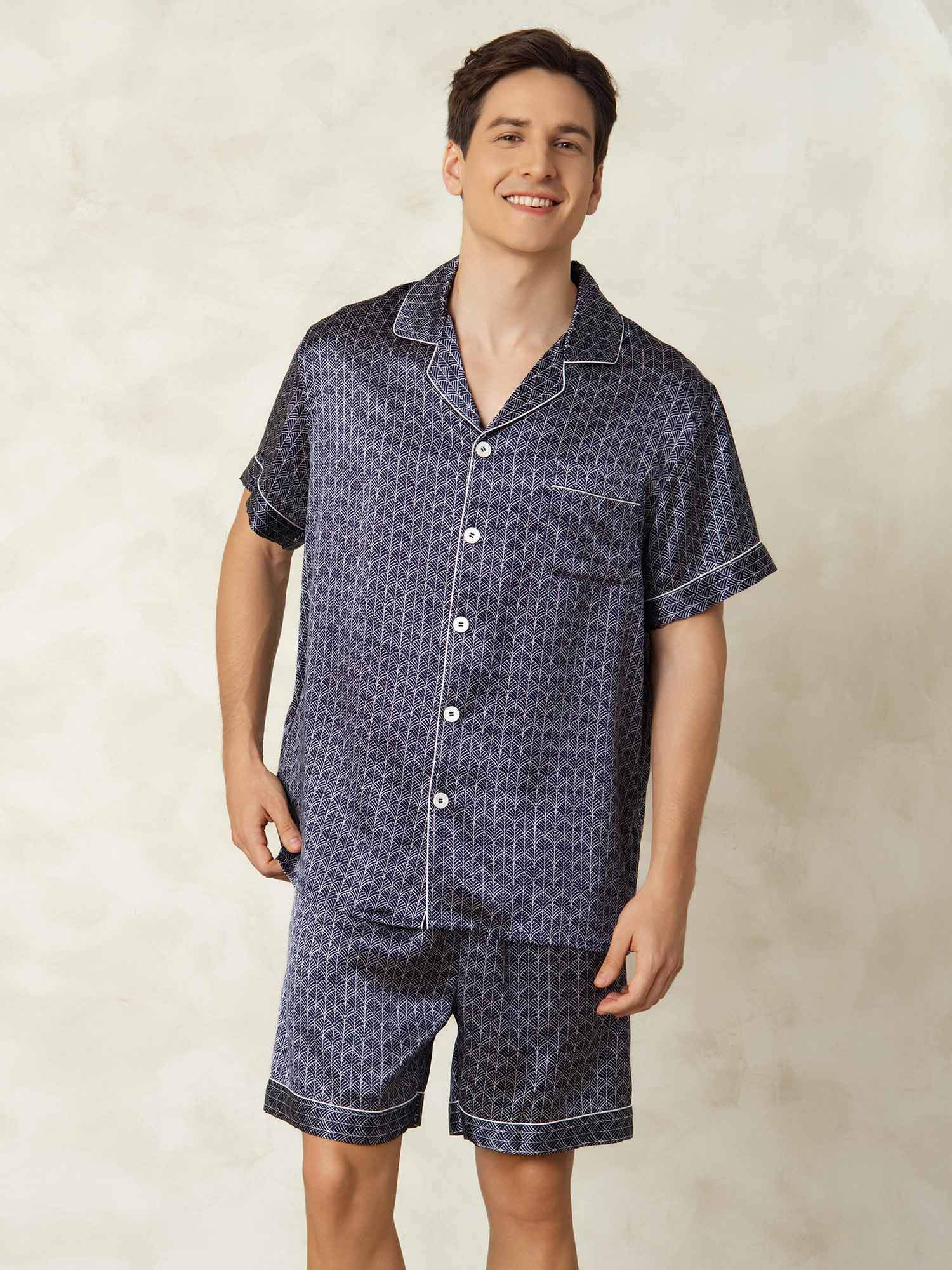 Men's Pure Silk Navy Ginkgo Print Short Sleeve Notch Collar Pajamas Set - Image 5