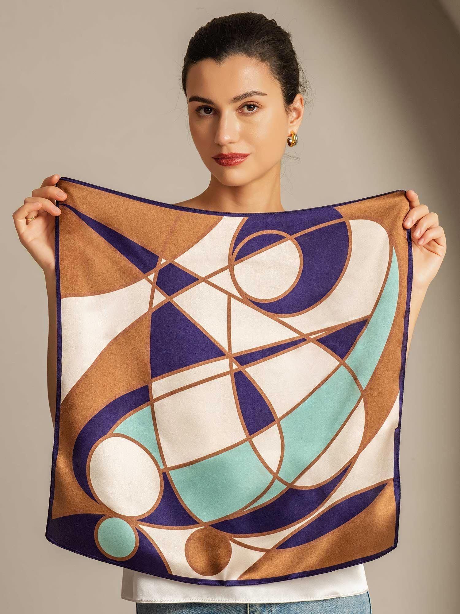 Pure Silk Geometric Pattern Square Scarf - Size 53x53cm - Image 3