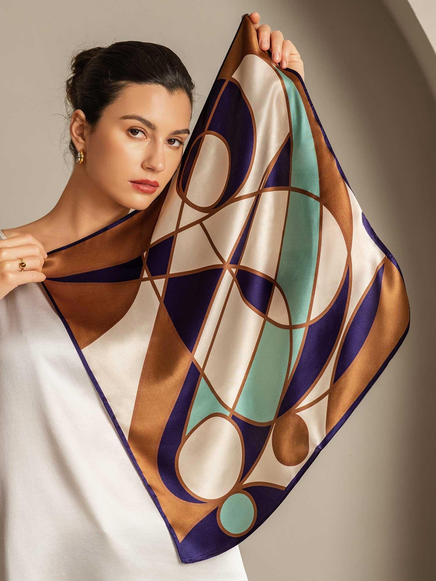 Pure Silk Geometric Pattern Square Scarf - Size 53x53cm - Image 4