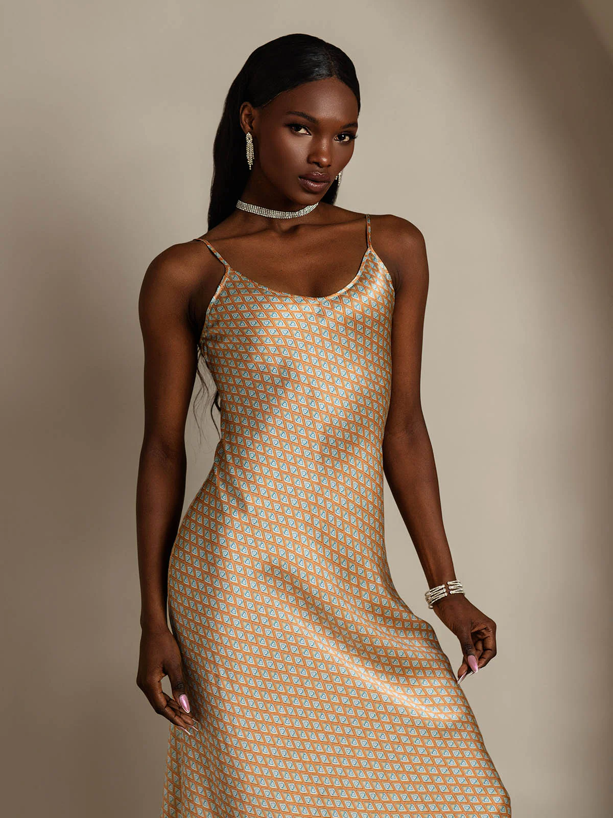 Pure Silk Geometric Print Spaghetti Strap V Neck Midi Dress - Image 10
