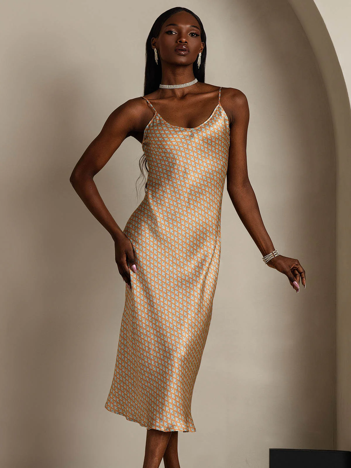 Pure Silk Geometric Print Spaghetti Strap V Neck Midi Dress - Image 5
