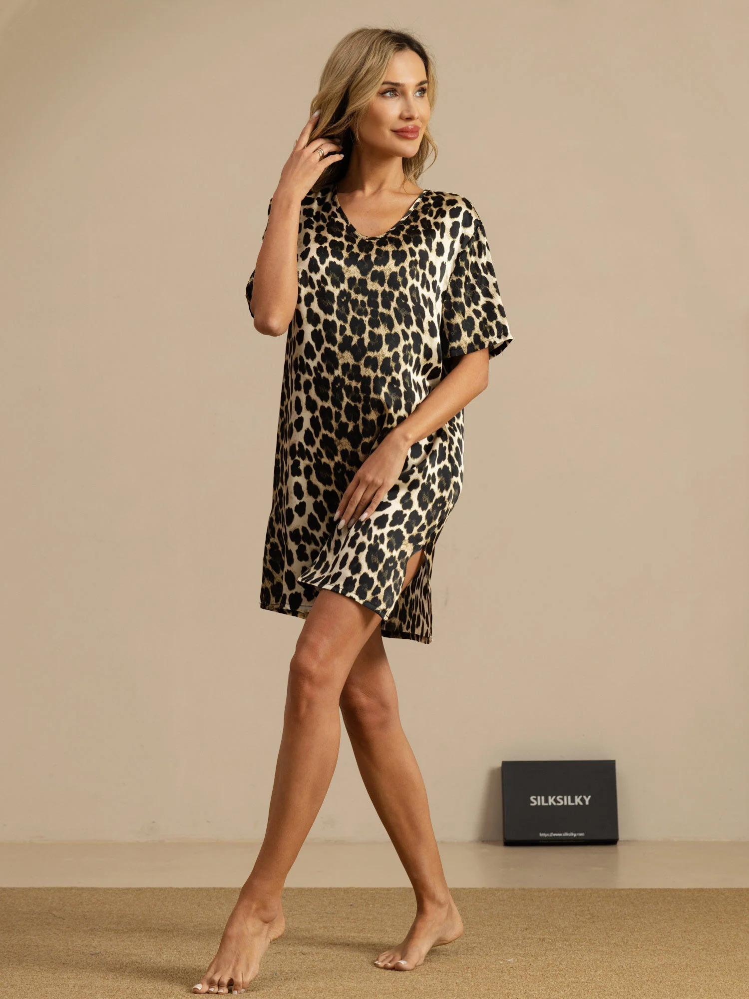Pure Silk Half Sleeve V-neck Leopard Printed Short Nightgown with Split Design - Image 6