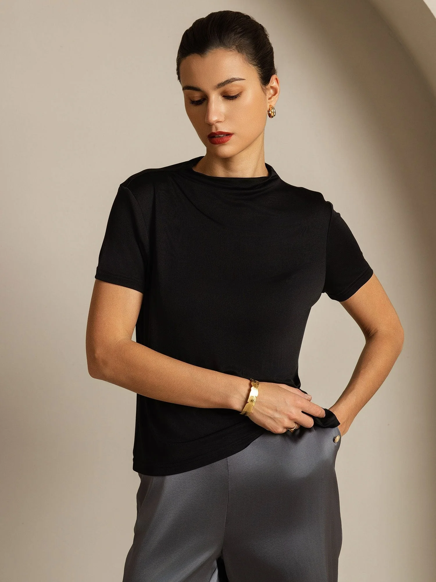 Pure Silk Short Sleeve Mock Women's T-Shirt - Image 55