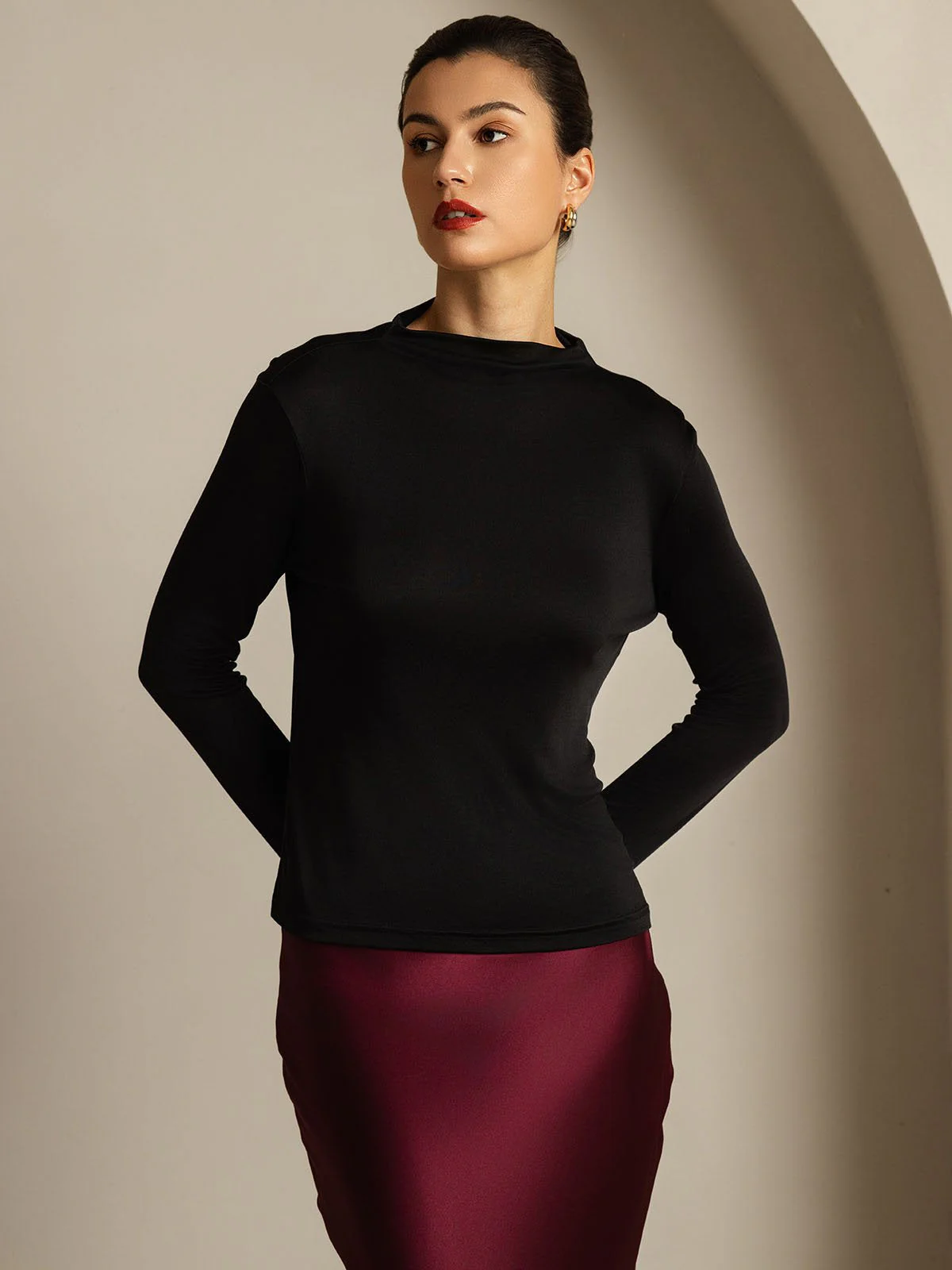Women's Pure Silk Long Sleeve Mock Top - Image 17