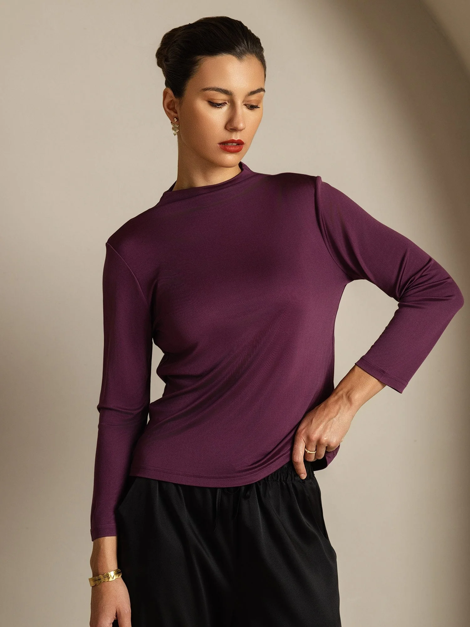 Women's Pure Silk Long Sleeve Mock Top - Image 3