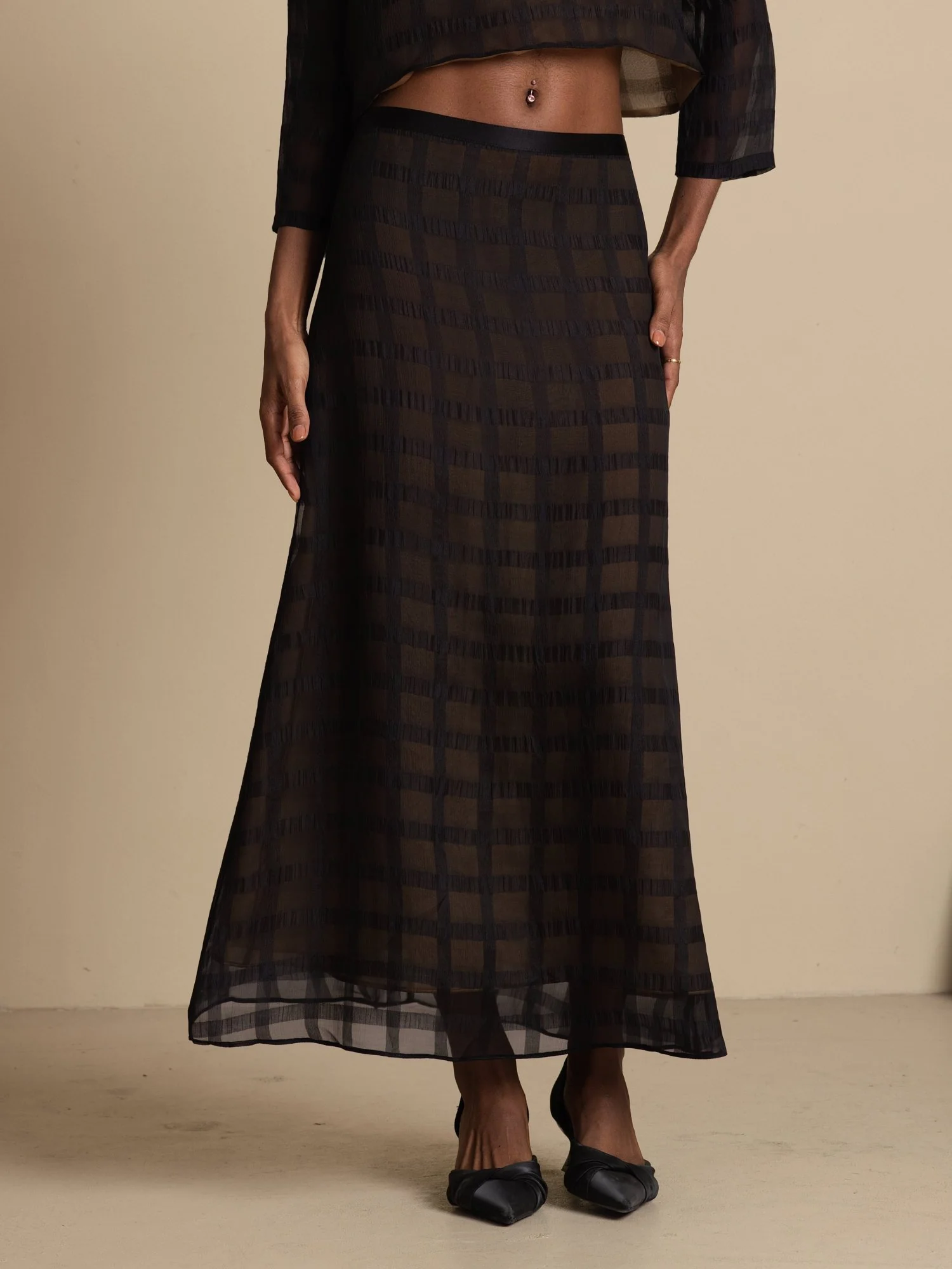 Pure Silk High-Waist A-Line Textured Grid Long Skirt With Back Zipper - Image 3
