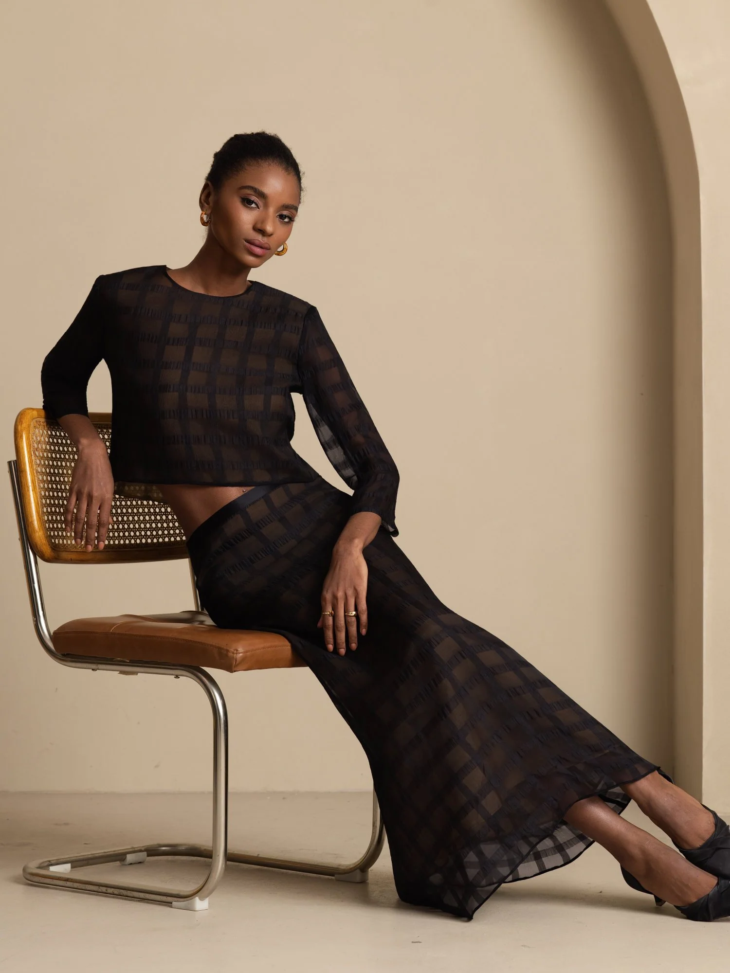 Pure Silk High-Waist A-Line Textured Grid Long Skirt With Back Zipper - Image 7