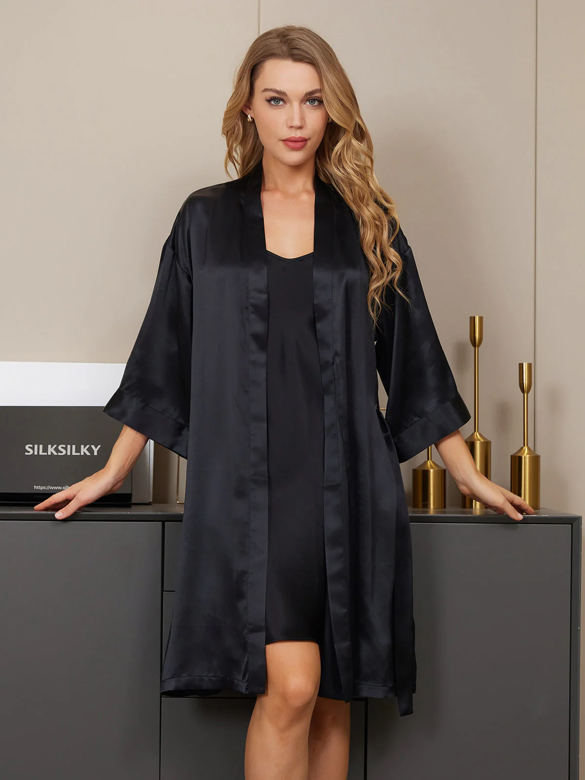 Pure Silk Kimono Robe & V‑Neck Nightgown Set - Image 10