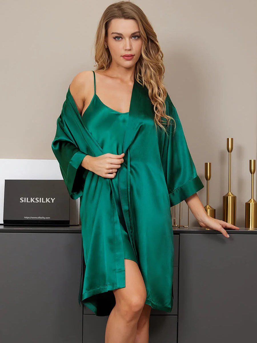 Pure Silk Kimono Robe & V‑Neck Nightgown Set - Image 21