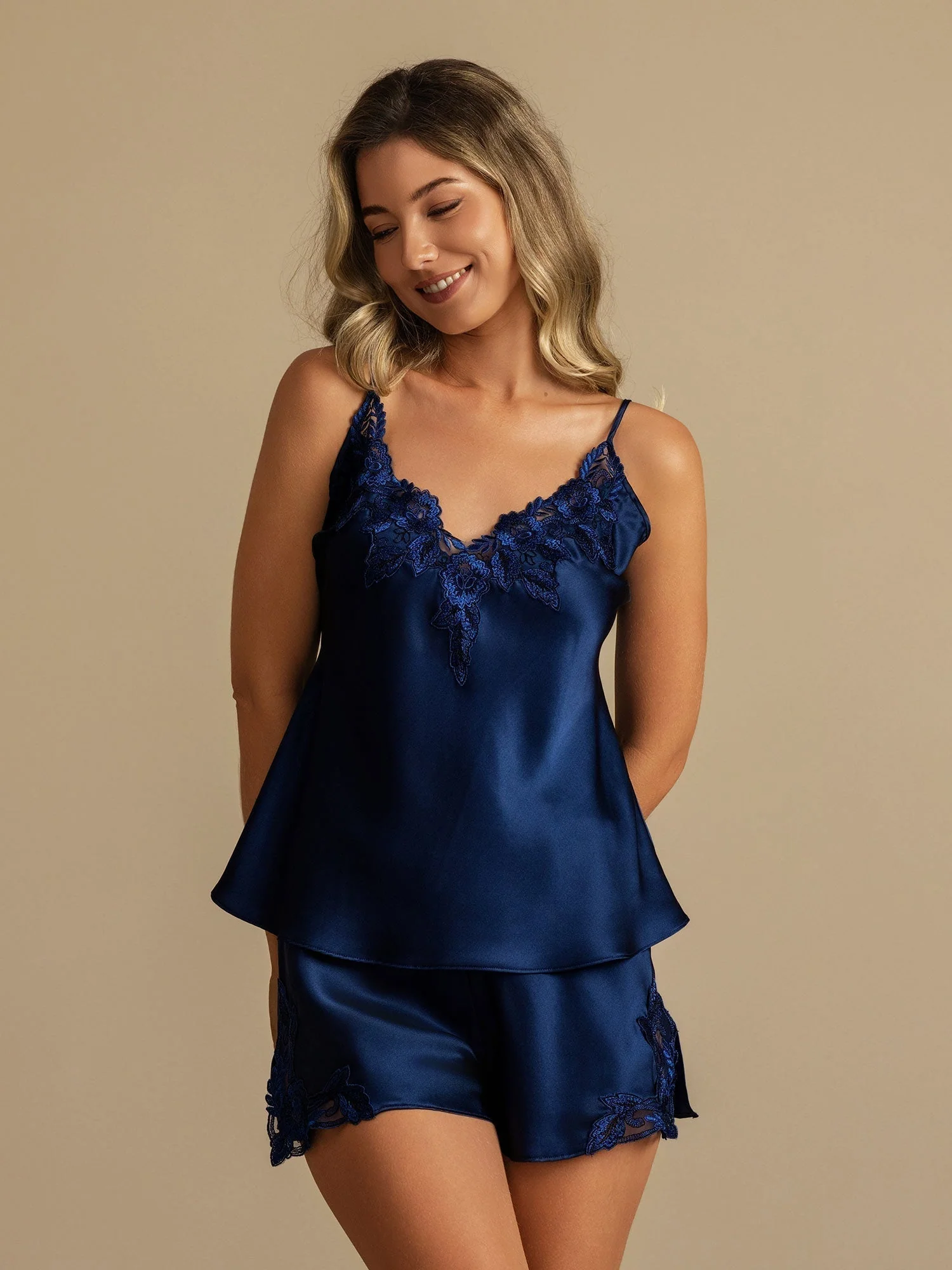 Pure Silk Spaghetti Strap Deep V Neck Above the Knee Camisole Set with Lace Design - Image 52