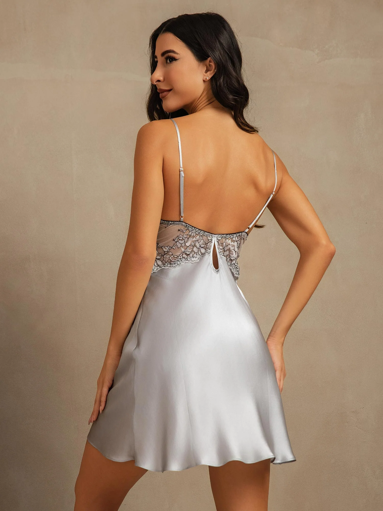 Pure Silk Spaghetti Strap V-neck Mini Nightgown with Lace Backless Design - Image 9