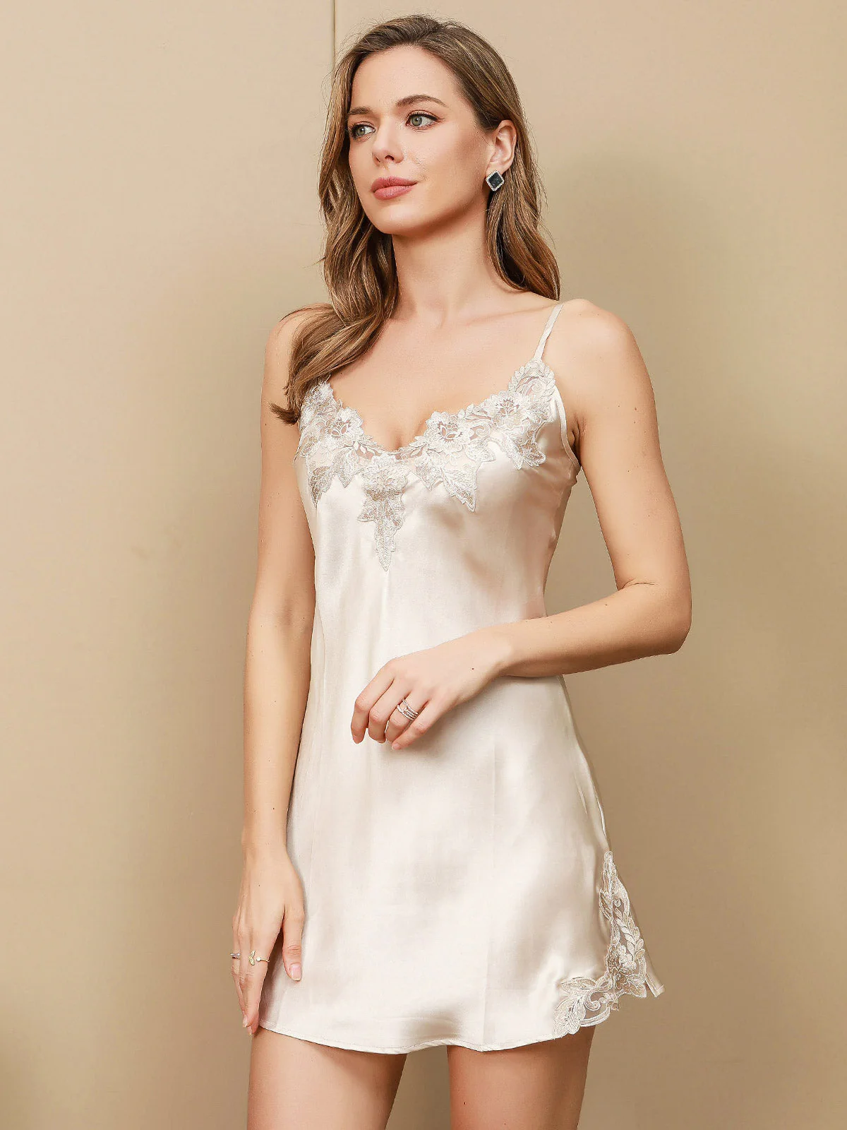 Pure Silk Spaghetti Strap Mini Nightgown with Lace Design - Image 39