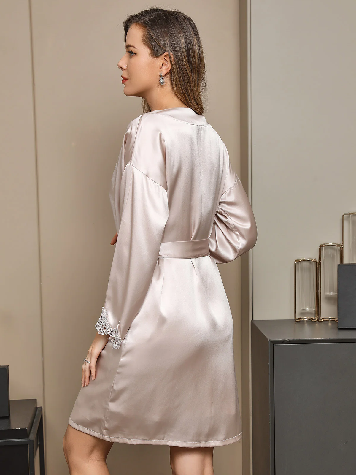 Pure Silk Lace Short Nightgown&Robe Set with Split Design - Image 3