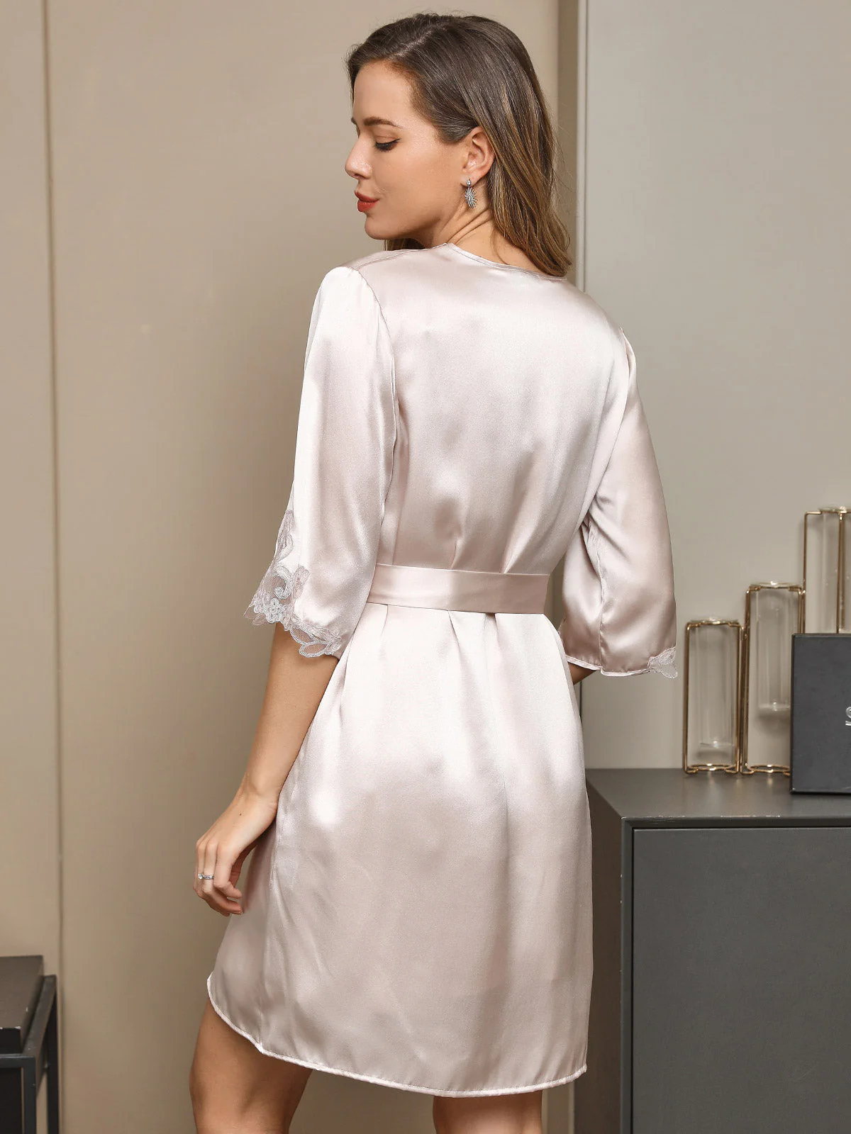 Pure Silk V Neck Short Nightgown & Robe Set with Lace Design - Image 9