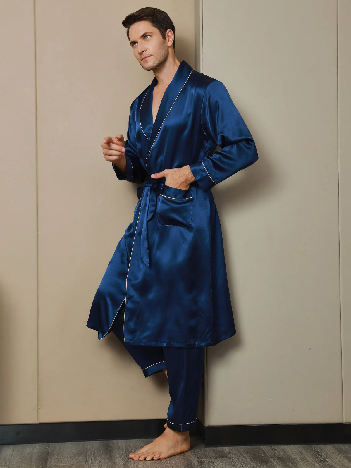 Pure Silk Lapel Collar Belted Robe (Without Pants) - Image 11